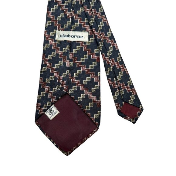 Claiborne Geometric Pattern Men's Silk Tie Red & Navy Vintage - Picture 4 of 5